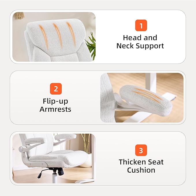 Home Office Ergonomic Desk Chair - Comfy Leather Executive Chair with Flip-Up Armrests, Lumbar Support, 360° Swivel & Rocking (White)