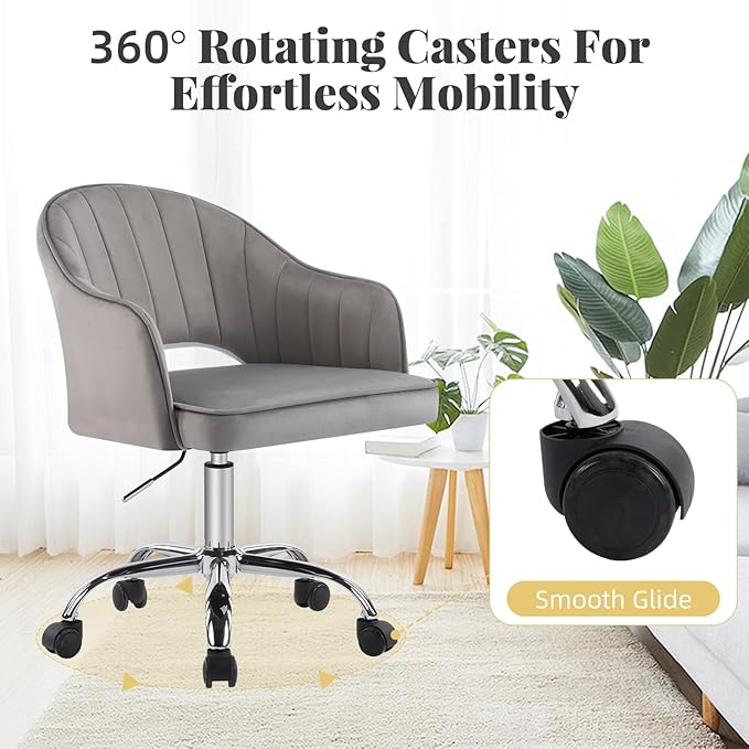 MOJAY Velvet Office Swivel Chair, Vanity Fabric Desk Pretty Fancy Gold Office Chairs for Girls, 360°Swivel Height Adjustable Reception Chair (LightGray)