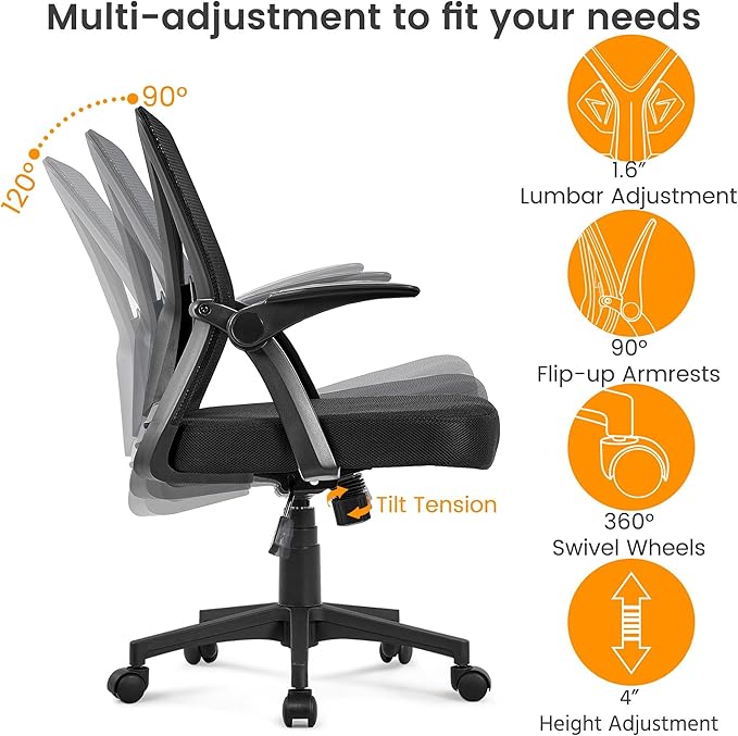 Yaheetech Home Office Chair Work Desk Chair Swivel Computer Mesh Chair with Flip-up Arms Adjustable Height Lumbar Support Executive Office Task Chair for Home Office Students Study, Black