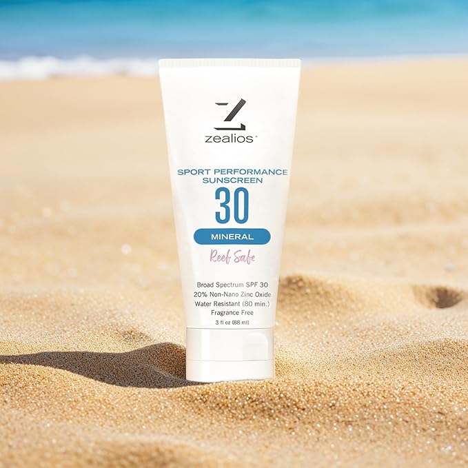 Zealios Sport Performance Mineral Reef Safe SPF 30 Sunscreen, 3 oz Tube, Water & Sweat Resistant (80 min) Non-Greasy, 20% Non-Nano Zinc Oxide, for Running, Cycling, Swimming