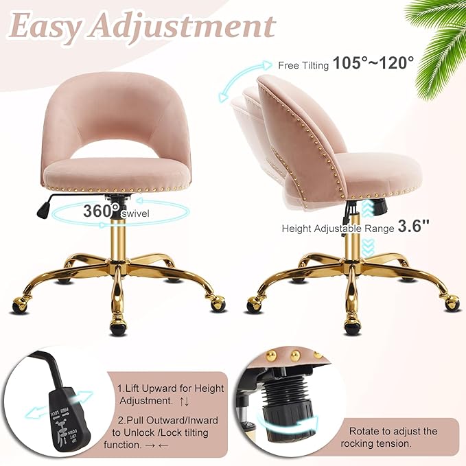 VINGLI Modern Velvet Small Office Chair,Cute Desk Chair with Wheels,Gold Base/Studs, Comfy Armless Swivel Vanity Task Chair for Women/Girl/Kids, Nail Tech Chair for Bedroom,Small Space,Pink