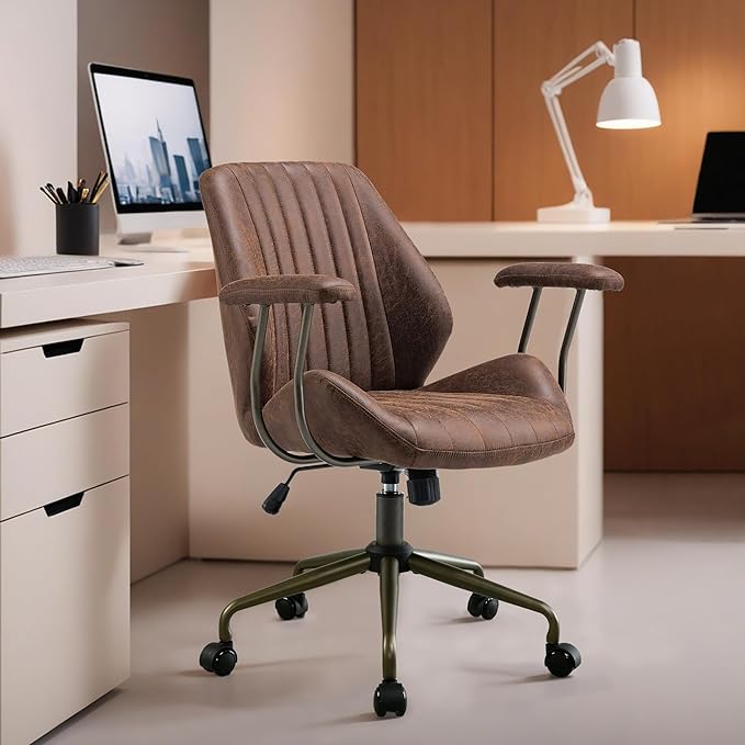 HOOOWOOO Faux Suede Leather Home Office Desk Chair,MCM Modern Ergonomic Task Work Chair,Computer Gaming Chair with Cushion Seat Mid Back for Long Hours(Chocolate Brown)