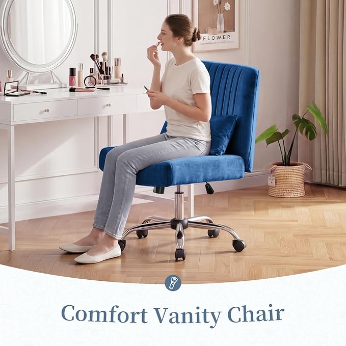 Warmiehomy Velvet Criss Cross Chair with Wheels, Cross Legged Office Chair, Comfy Desk Chair for Home Office, Ergonomic Computer Chair, Wide Seat Vanity Chair, for Adults, Dark Blue