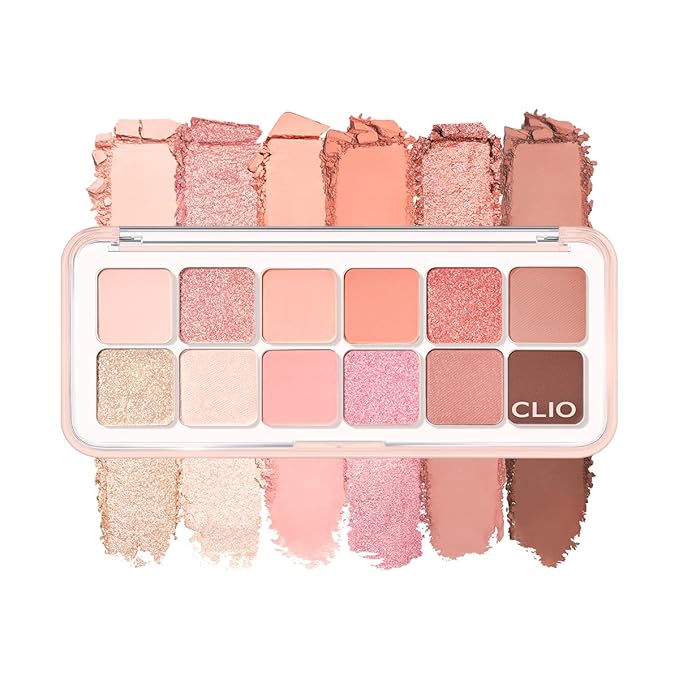 CLIO Pro Eye Palette Air, 12-Color Eye Shadow Palette, Matte Shimmer Mix, Air-Fit Blendable Pigmented Buildable Color, Low Fallout, Peach Coral Neutral Tone, Daily Korean Makeup (09 PEACH MATE APPLE)