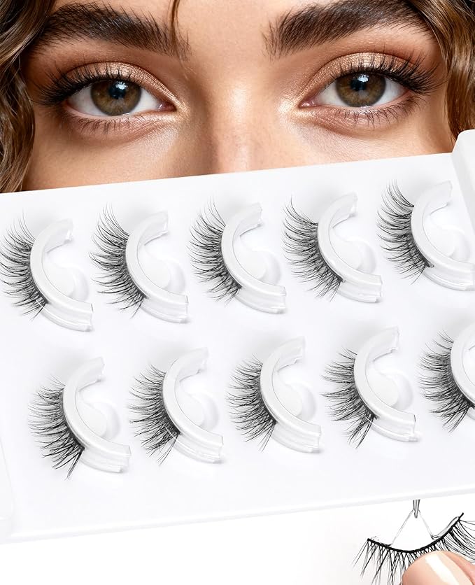Obeyalash Waterproof Self Adhesive Eyelashes,Half Eyelashes 6-14mm, 5 Pairs Natural Look Stick on False Eyelashes, No Glue Needed, Wispy Glueless Lashes Reusable and Comfortable (M874)