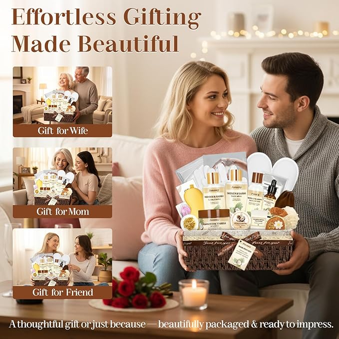 22PCS Spa Gift Baskets for Women, Luxury Bath and Body Gift Basket Set for Women Coconut Vanilla Spa Kit Relaxing Spa Self Care Gift for Her Wife Lover Mom Sister Friend