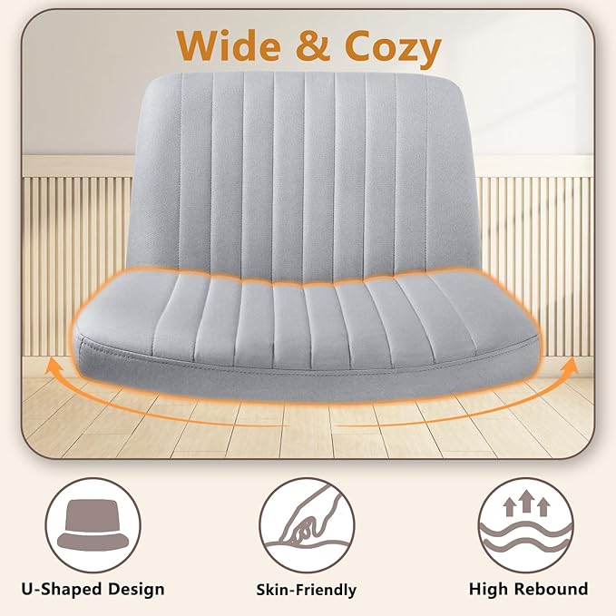Criss Cross Chair, Armless Cross Legged Office Vanity Chair, Comfortable Fabric Wide Swivel Criss Cross Desk Chair for Home Office, Height Adjustable Vanity Criss Cross Chair with Back, Grey