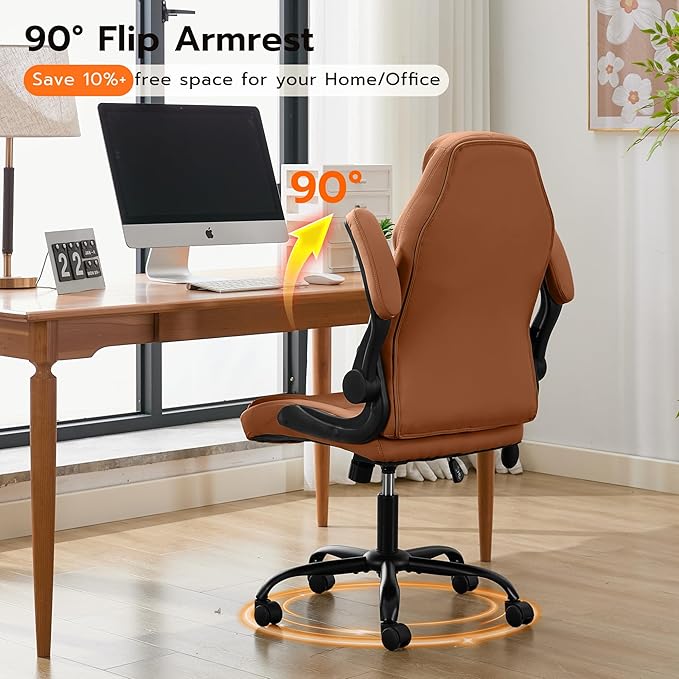 Office Desk Chair, Ergonomic Computer Chair with Padded Flip-Up Arms and Adjustable Lumbar Support, PU Leather Executive Chair with Tilt Lock and 360° Swivel Rolling Wheels for Work, Study