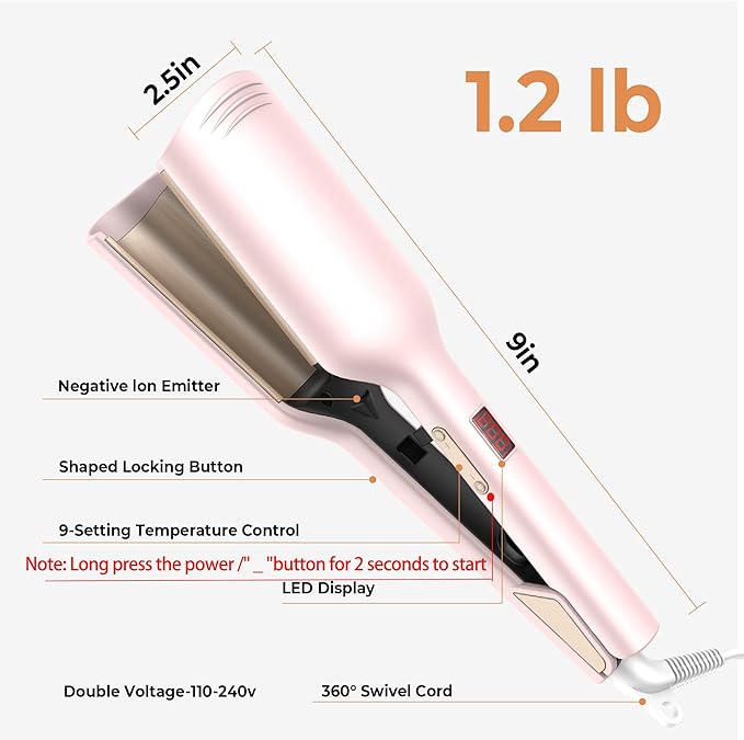 Waver Hair Tool,Mini Waver Curling Iron，Curling Iron Hair Crimper Waver，Ionic Deep Waver Curling Wand with Ceramic 2 Barrel for Women，Double Voltage, Easy to Use, Pink, 1.25 Inch.