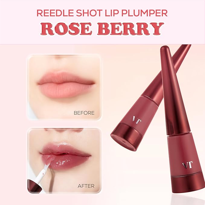 VT COSMETICS Reedle Shot Lip Plumper in Rose Berry, Hydrating Plumping Lip Gloss, High Shine Finish, Infused with Jojoba Oil & Hyaluronic Acid, Korean Beauty Makeup, 0.15 oz.