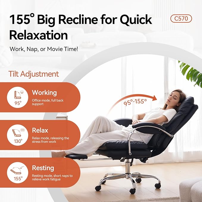 LEAGOO Office Chair with Foot Rest, Executive Reclining Office Chairs with Arms, Ergonomic High Back PU Leather Comfy Swivel Computer Desk Chairs with Wheels and Lumbar Support for Home Office, Black