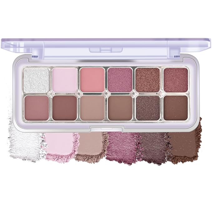 KYDA 12 Colors Purple Brown Eyeshadow Palette, High Pigment Matte Shimmer Pink Purple Brown Eye Shadow, All-In-One Eyes Palette for Women, Soft Blendable Powder Eyeshadow, Korean Eyes Makeup