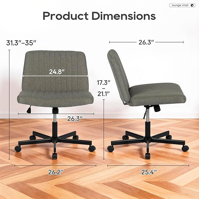 PayLessHere Criss Cross Chair Wide, Armless Office Desk Chair,Backrest Vanity Chair with Wheels 360 Swivel, Height Adjustable for Home Office, Home Office Grey