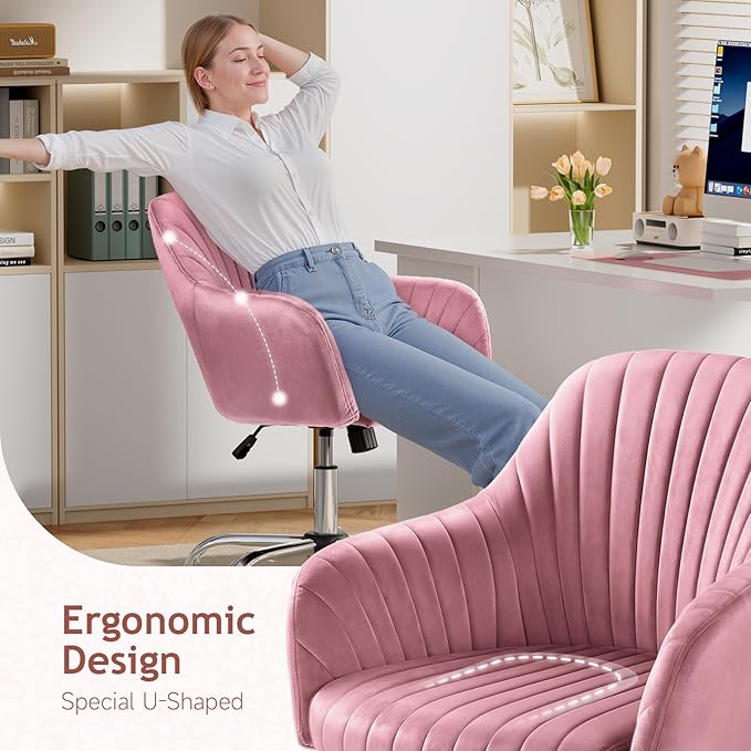 Warmiehomy Velvet Desk Chair for Home Office, Modern Adjustable Swivel Task Chair, Women Vanity Chairs with Arm Rest for Bedroom Dressing Room, Rose Pink