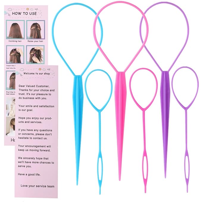 Topsy Tail Hair Tool Set - 6pcs Loop Styling Tool, Ponytail Pull Through, Two Sizes, 3 Colors (Pink/Purple/Blue) for Women, Girls & Kids