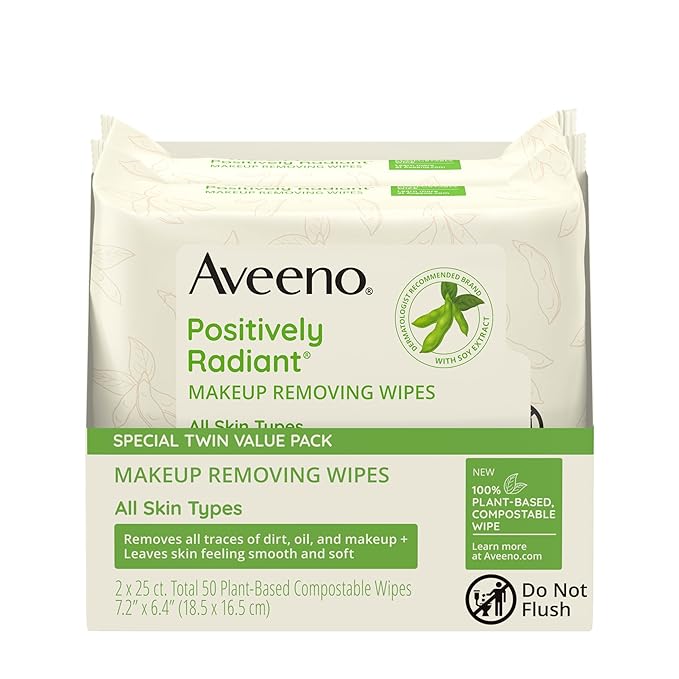Aveeno Positively Radiant Alcohol Free Makeup Removing Face Wipes, Ultra Soft, Gentle, Non-Comedogenic Facial Cleansing Towelettes Leave Skin Clean & Soft, Sulfate Free, 50 Count,(Pack of 2)