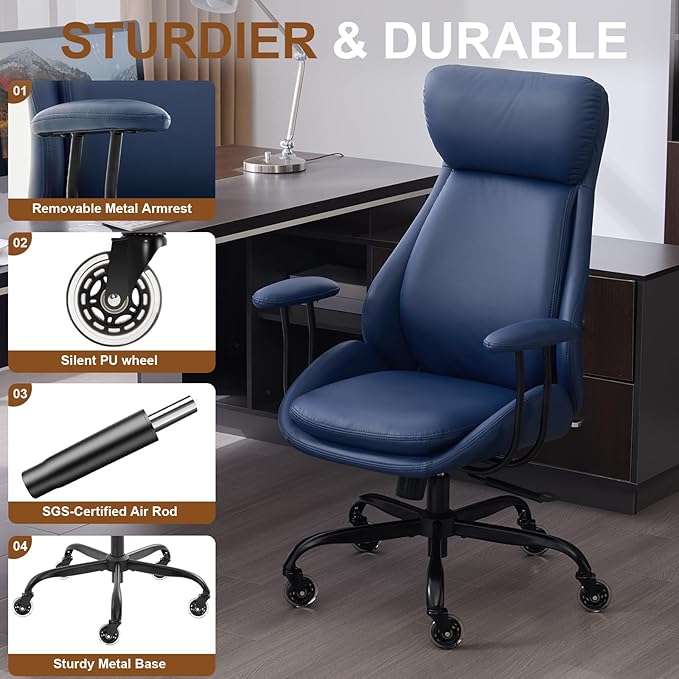 Office Chair, Leather Desk Chair with Rubber Wheels, Ergonomic Computer Chair 500 LBS with Lumbar Support, High Back Executive Chair for Modern Home Office, Blue