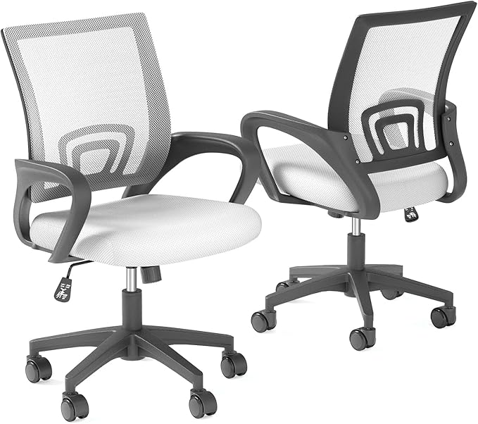 Home Office Chair, Ergonomic Mid-Back Mesh Desk Chair with Lumbar Support, Adjustable Swivel Rolling Design, Comfy Armrest for Work, Study, Gaming, Vanity (White, Double Chair)