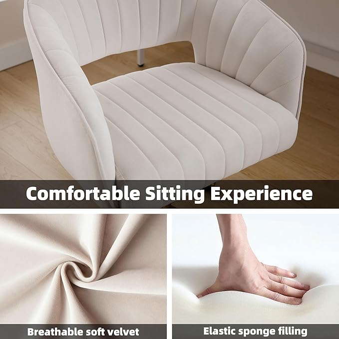 Westice Home Office Desk Chairs, Modern Velvet Rolling Chair, Height Adjustable Swivel Vanity Chair with Golden Base, Ergonomic Chair for Vanity Study, Living Room Computer Room, Beige