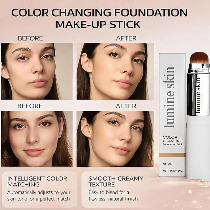 Color Changing Foundation Stick, Dual-Ended Korean Skin Care Foundation Stick, Detachable Brush, Full to Medium Coverage Base Hydrating Makeup Portable & Travel-Friendly (Natural)