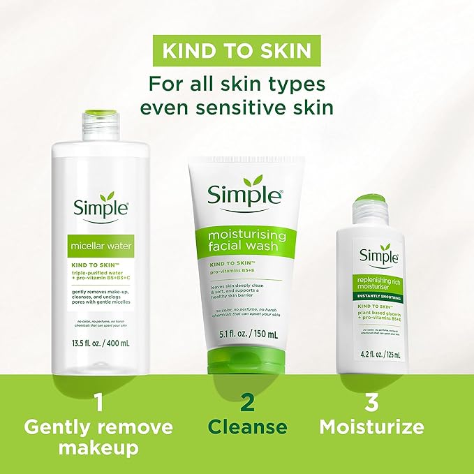 Simple Kind To Skin Moisturizing Face Wash - Facial Cleanser with Vitamin B5 and E - Removes Oil, Dirt, and Other Impurities - Sulfate Free - 6 pc