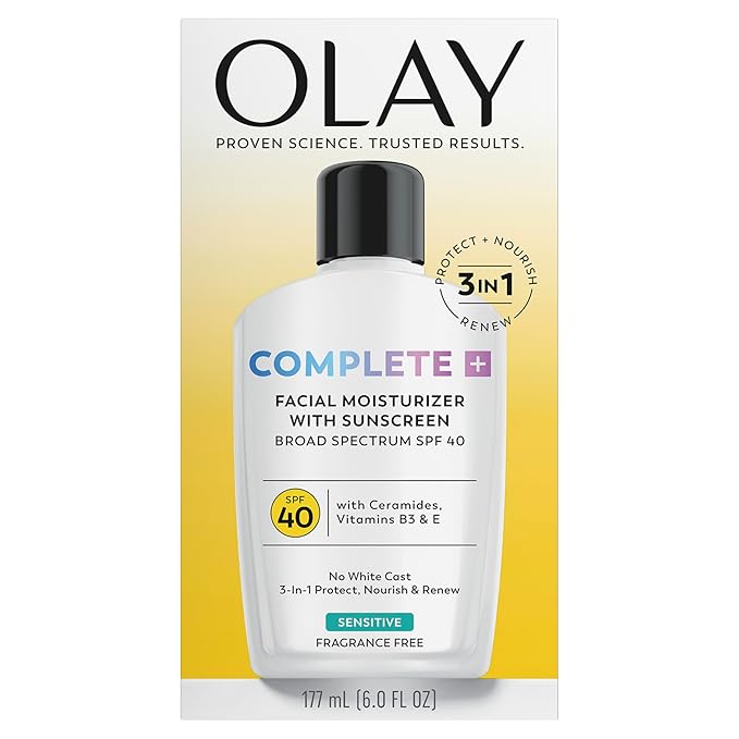 Olay Complete+ Face Moisturizer with Sunscreen SPF 40,For Sensitive Skin,Broad Spectrum Sun Protection,Fragrence-Free-No White Cast on All Tones,Nourishes Moisture Barrier-Ceramides,6 Oz,(Pack of 2)