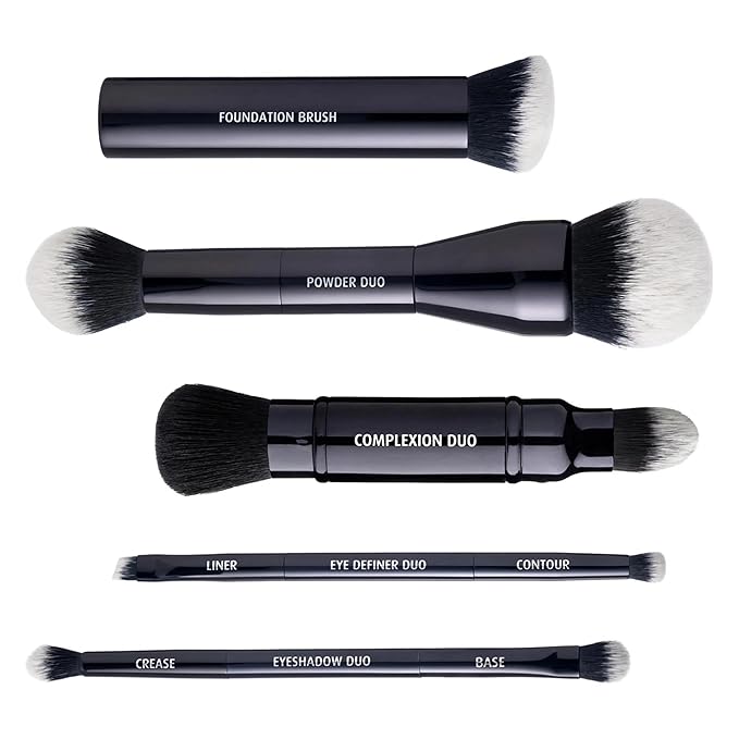Lune+Aster Powder Duo Brush | Dual-Ended Makeup Brush For Application Of Bronzers, Blushes And Powders. Made with Alumium Handle, Vegan Bristles.