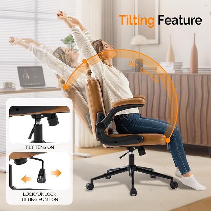 VINGLI Criss Cross Chair with Adjustable Flip-Up Arms,Cross Legged Chair with Wheels, Extra Wide Office Chair,Comfortable Desk Chair for Home Office, Vanity, Bedroom,PU Leather,Clay