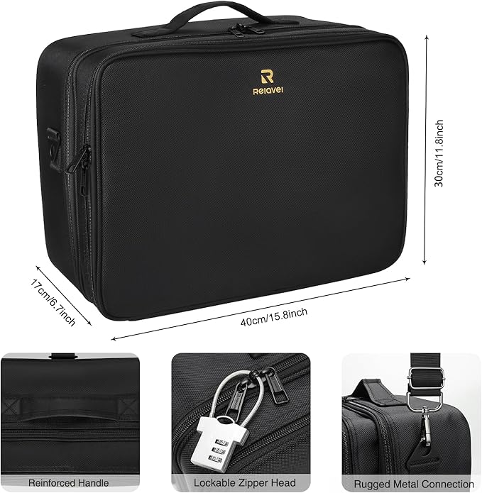 Relavel Extra Large Makeup Case with Plastic Dividers Washable and Easy to Clean, Travel Makeup Train Case Professional Makeup Artist Bag Portable Nail Organizer Box Art Supply Case (Black)