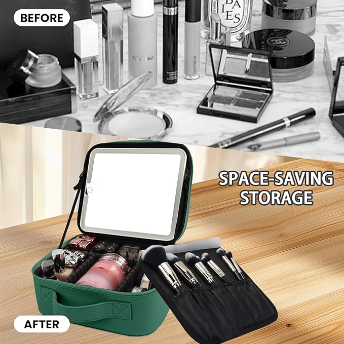 Makeup Bag with Led Mirror,Portability Cosmetic Case Portable Cosmetic Brush Organizer Bag with Adjustable Dividers,Gift for Women,Girls Gift (Dark Green)