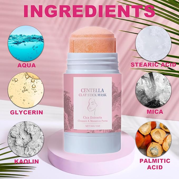 KUNAL 2 PCS Centella Clay Mask Stick,Pink Poremizing Clay Stick Mask,Oil Control Moisturizing & Soothing Cleansing Facial Mask for All Skin Types