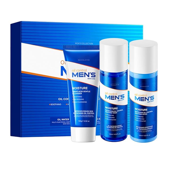 Men's Oil Control 3-Piece Skincare Set, Gentle Face Wash, Refreshing Toner & Lightweight Lotion for Oily Skin Balance, Valentine's Day Gifts for Men