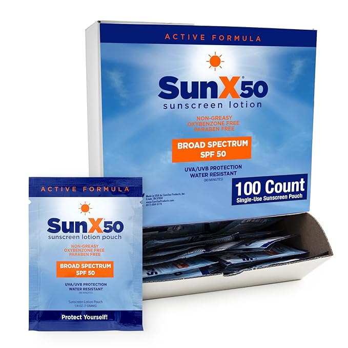 CoreTex Sun X 50 SPF Broad Spectrum Sunscreen Packets - Pack of 100 Paraben, Oxybenzone, Octinoxate, & Oil Free Sunscreen - No White Cast and Water Resistant Up to 80 Minutes