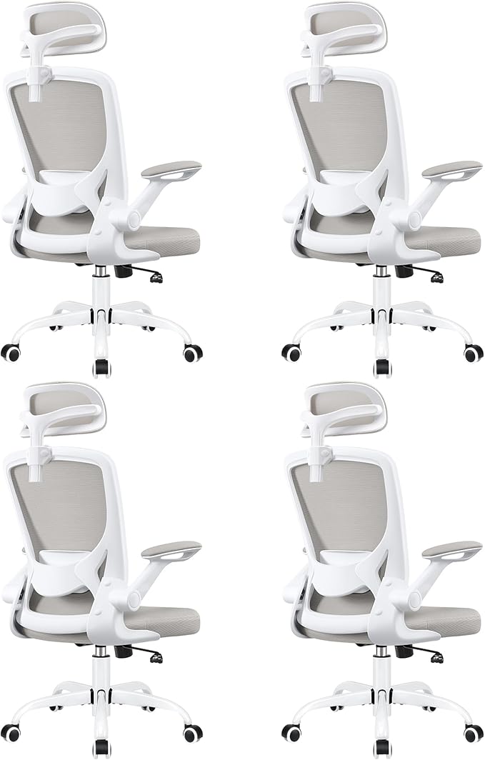 Office Desk Chair, Ergonomic Mesh Office Chair with Adjustable Lumbar Support, Headrest, Flip-up Armrests, Comfortable Computer Chairs for Home, Work, Gaming, (Light Gray, 4 Pack)