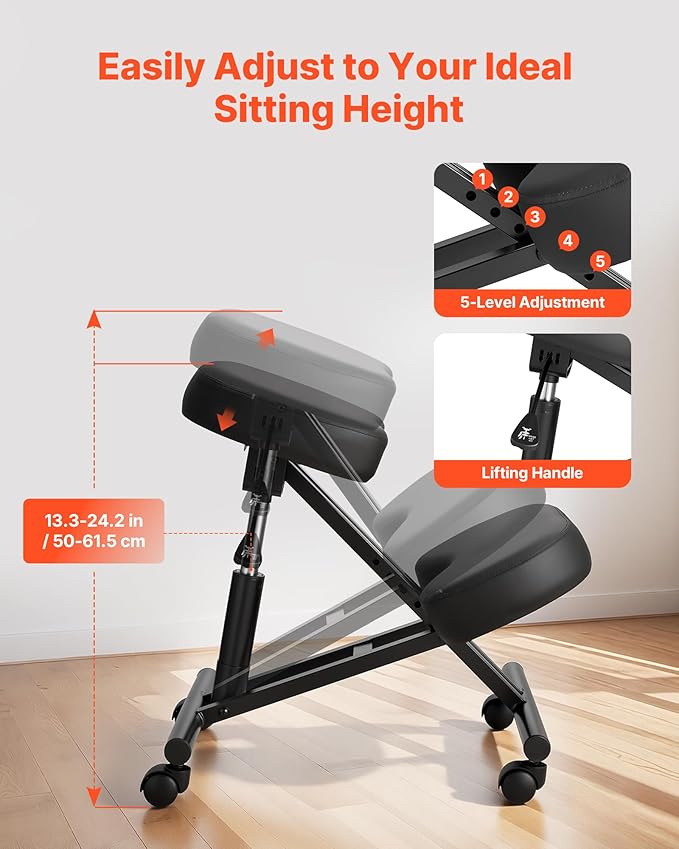 VEVOR Ergonomic Kneeling Chair with Wheels, Mobile X-Shaped Posture Knee Chair with Adjustable Height & Thick Foam Cushions, Natural Relief for Neck or Back Pain for Home, Office or Meditation, Black