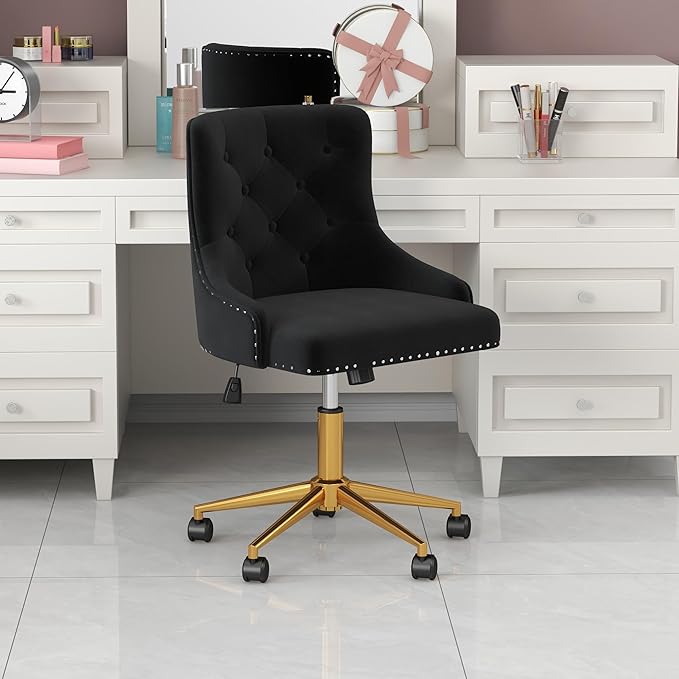 Westice Velvet Desk Chairs, Upholstered Swivel Comfy Makeup Vanity Chair with Tufted Back, Gold Metal Base & Wheels, Height Adjustable Chair for Girls, Bedroom Living Room, Black