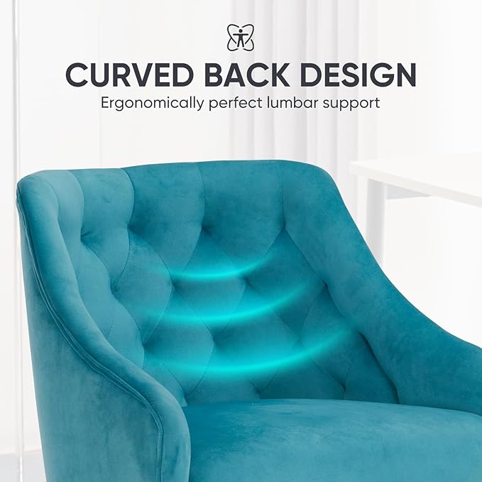 MOJAY Velvet Office Swivel Chair, Vanity Fabric Desk Pretty Fancy Gold Office Chairs for Girls, 360°Swivel Height Adjustable Reception Chair (Lake Blue)