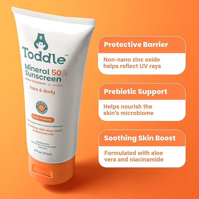 Prebiotic Mineral Sunscreen SPF 50 for Kids & Baby, Face & Body Sun Protection, Reef Safe, Non-Toxic Zinc Oxide Broad Spectrum, Water-Resistant, No White Cast, Travel Size 3.4oz