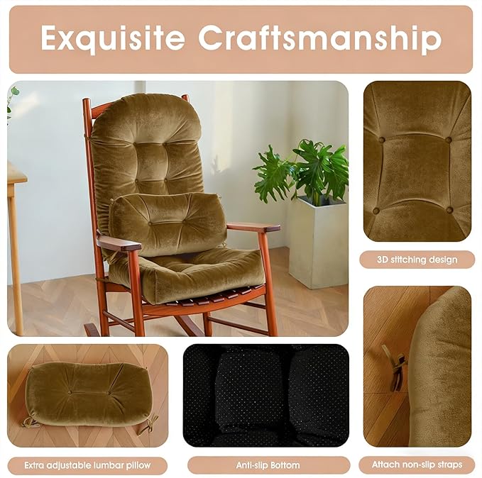 Rocking Chair Cushion Indoor Large Chair Pads Set with Ties Extra Lumbar Pillow Premium Dutch Velvet High Resilience Filler Non-Slip Bottom, Khaki
