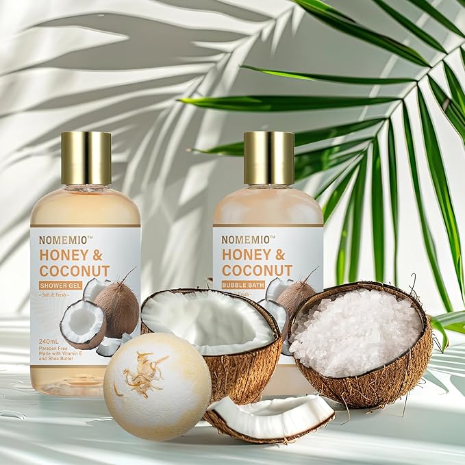 Valentine's Day Gift Baskets, Spa Gift Basket for Women, 11pcs Honey & Coconut Luxury Bath Gift Set, Spa Kit with Shower Gel, Bubble Bath, Bath Bombs , Beauty Gifts for Her, Women, Mom Birthday