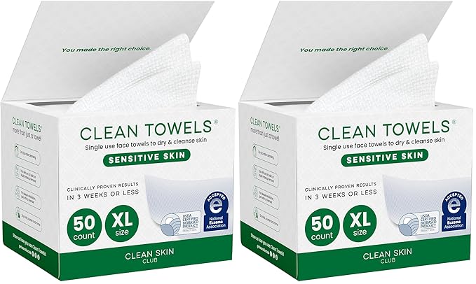 CLEAN SKIN CLUB Sensitive Skin Clean Towels® XL, Ultra-Soft Disposable Face Dry Wipes Infused with Aloe & Glycerin, XL - 2 Pack (50 count)