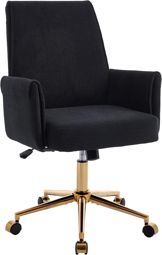 YITAI Stripes Velvet 360°Swivel Desk Chair, Modern Height Adjustable Home Office Armchair with Gold Base and Wheels for Vanity, Comfy Computer Chair for Study Living Room Bedroom（Black）