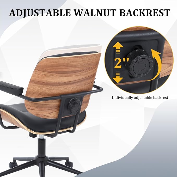 Mid Century Walnut Office Chair with Arms, Adjustable Swivel Desk Chair, Leather Computer Chair with Rolling Wheels for Home Office or Study Room, Black