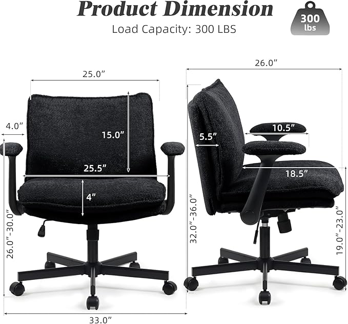 Criss Cross Legged Office Chair with Wheels and Flip-Up Arms, Upholstered Criss Cross Desk Chair, Wide Seat Chairs for Home Office, Vanity, Apartment, Black