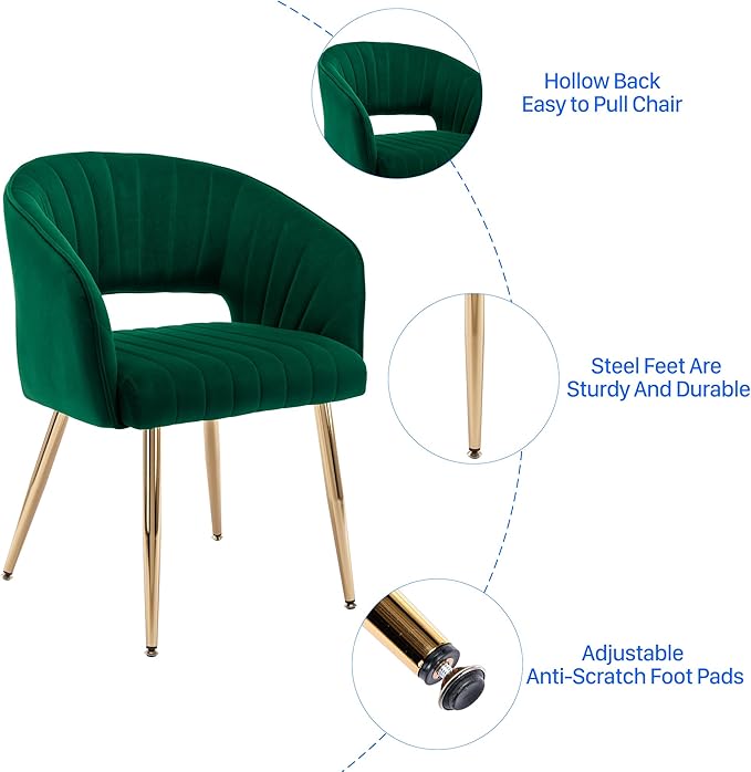 Home Office Chair Velvet Desk Chair Accent Armchair Upholstered Modern Tufted Chairs with Gold Legs for Girls Women Ergonomic Study Seat Computer Task Stools for Living Room(Green)