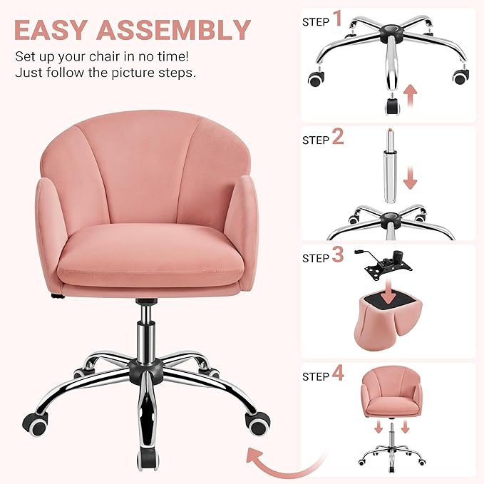 Yaheetech Pink Desk Chair Vanity Chair Comfy Velvet Chair Cute Desk Chair for Home Office Modern Swivel Rolling Chair for Bedroom, Living Room, Makeup Room Women