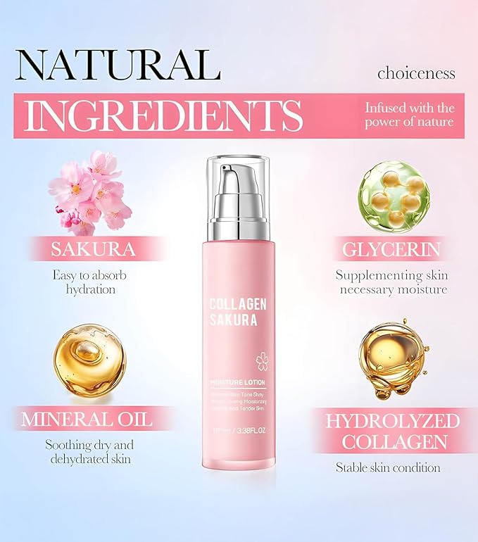 Cherry Blossom Skincare Gift Set with Cleanser, Collagen Sakura Moisturizing Revitalizing Six Piece Set, Toner, Lotion, Serum, Cream & Eye Cream for Teens Girls & Women