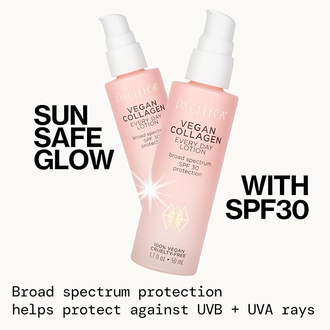 Pacifica Beauty Vegan Collagen SPF 30 Broad Spectrum Sunscreen Every Day Face Lotion,UVA/UVB Protection for All Skin Types,Lightweight,Moisturizing & Hydrating,Cruelty Free,White,1.7 Fl Oz,(Pack of 2)