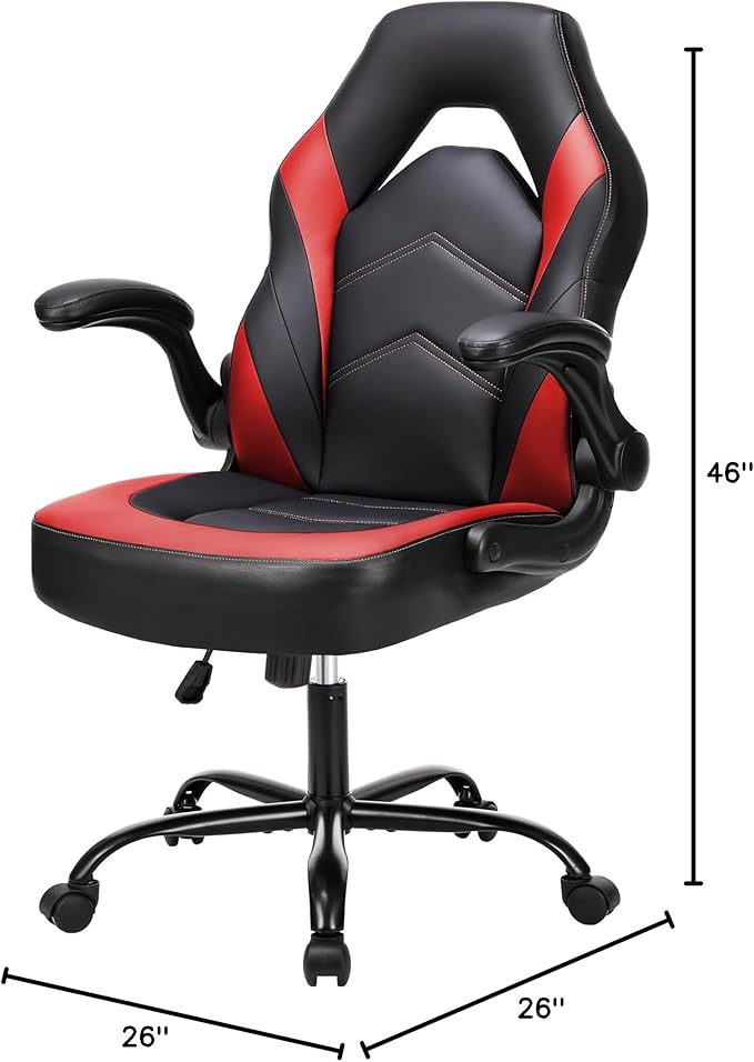 NEWBULIG Computer Gaming Desk Chair - Big Tall Ergonomic Lumbar Support with Flip-up Armrest and 360° Swivel Wheels, PU Leather Height Adjustable, for Home and Office, Red