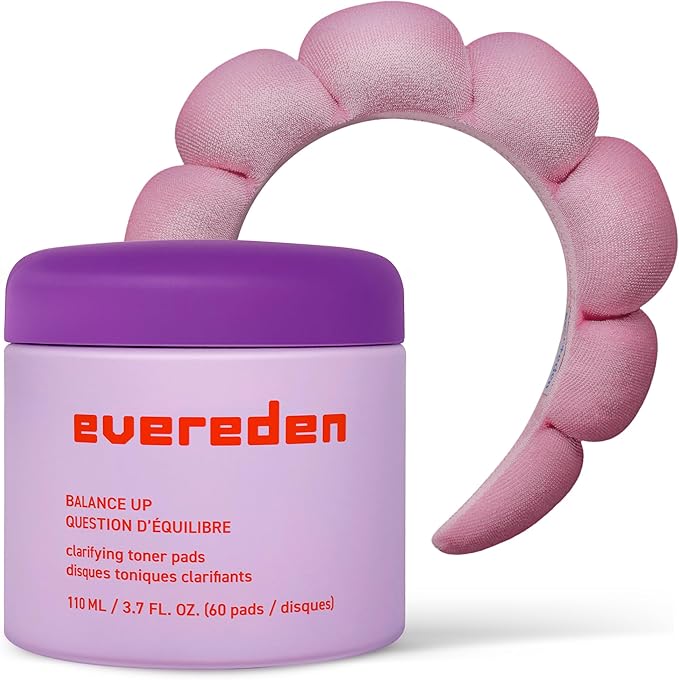 Evereden Balance Up Toner Pads for Face | Cute Terry Headband | Gentle and Vegan Pre-Teen Water-Based Face Toner Pads with Green Tea, Chamomile, and White Tea for Oily and Pimple-Prone Skin